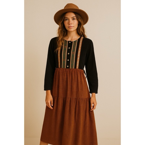 Karin Steven’s x Vintage 90’s Corduroy Harvest Plaid Check Prairie Dress - Picture 1 of 10